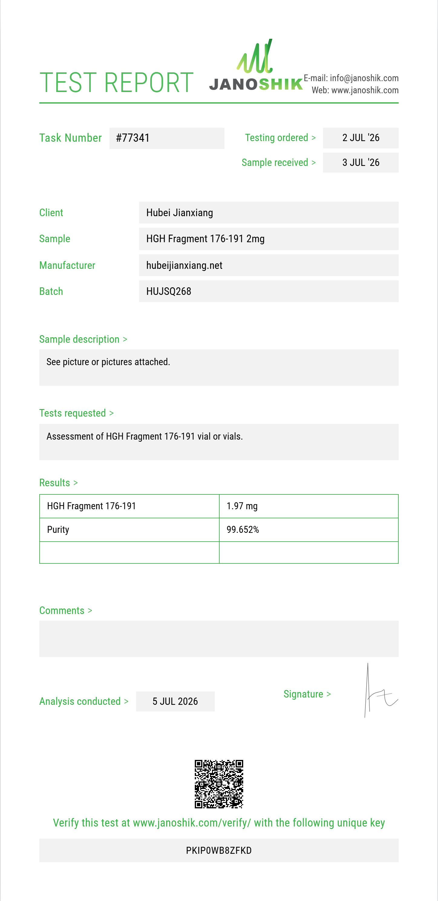 HGH Fragment 176-191 Purity (HPLC) report by Janoshik Analytical