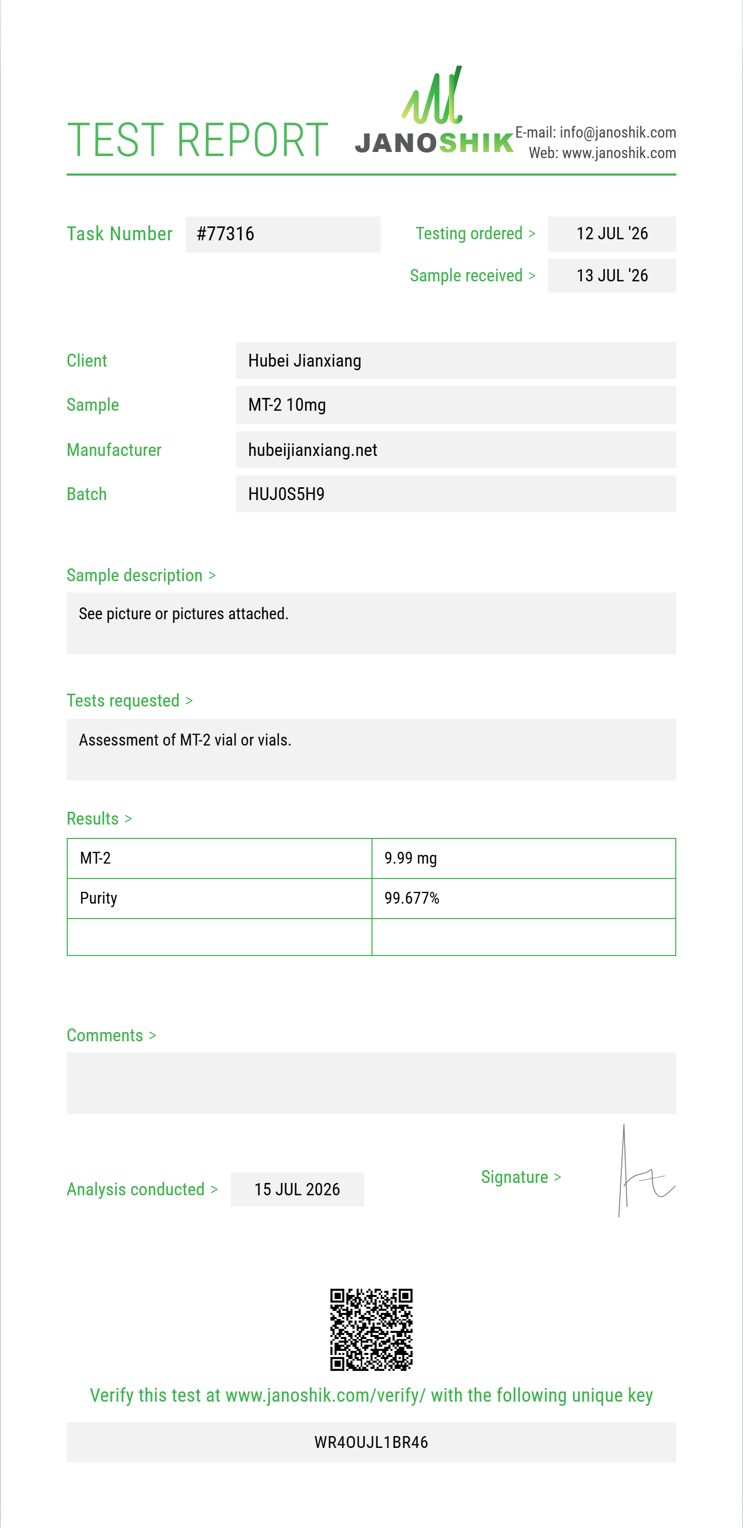 MT-2 Purity (HPLC) report by Janoshik Analytical