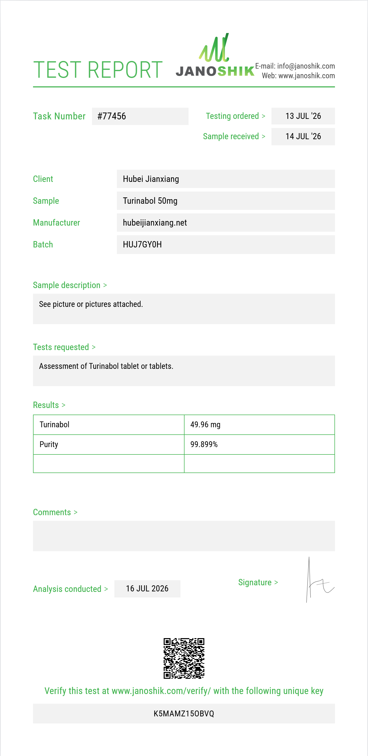 Turinabol Purity (HPLC) report by Janoshik Analytical