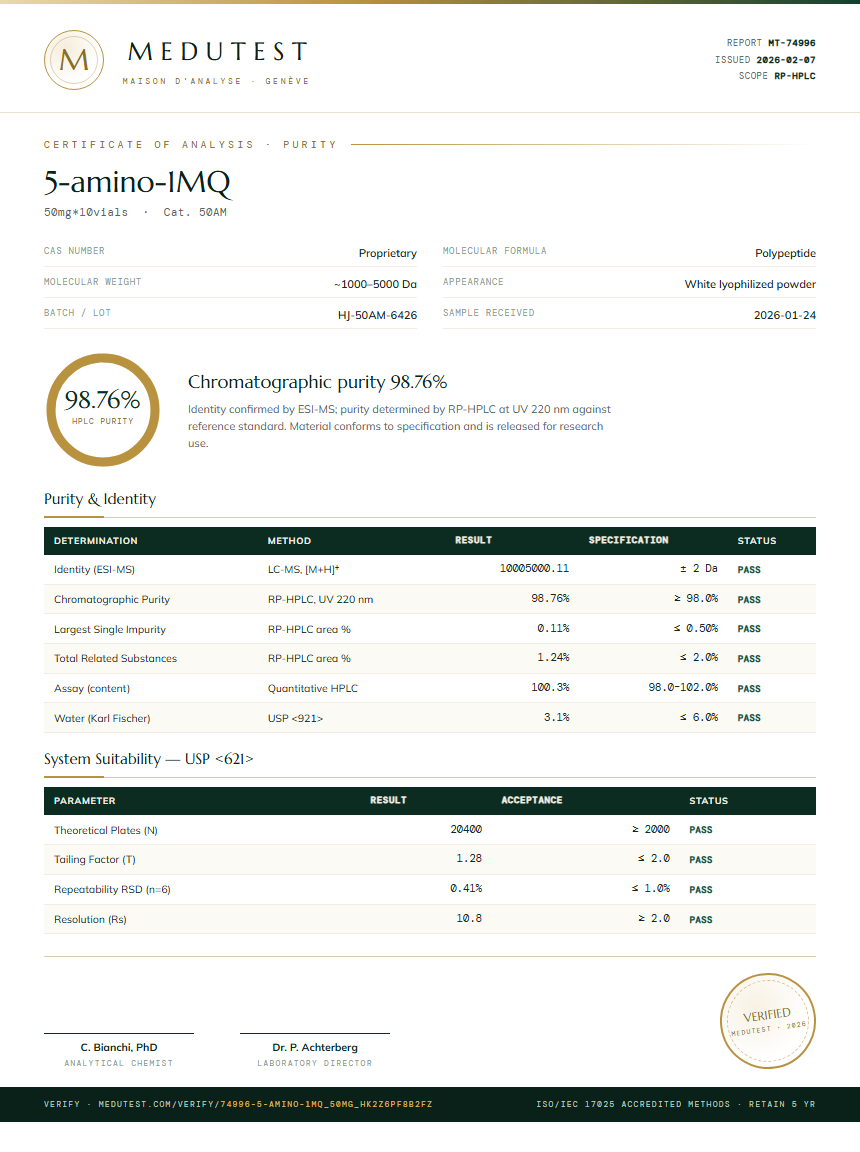 5-amino-1MQ Oral Purity (HPLC) report by Medutest