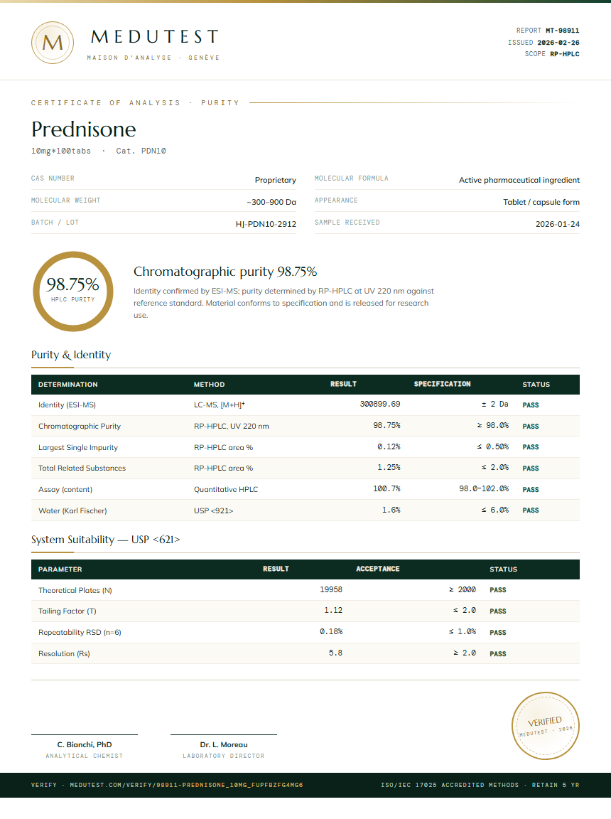Prednisone Purity (HPLC) report by Medutest