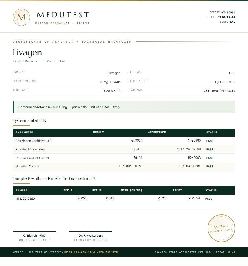 Livagen Endotoxin report by Medutest